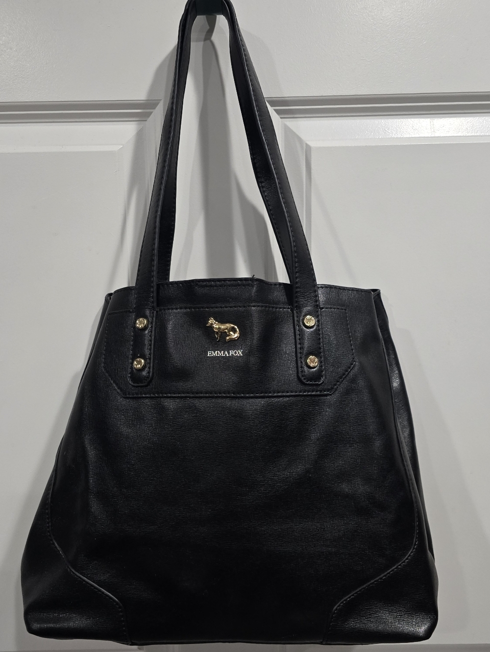 Emma Fox Leather Shoulder Bag Black with Gold Fox Emblem Houndstooth Linning